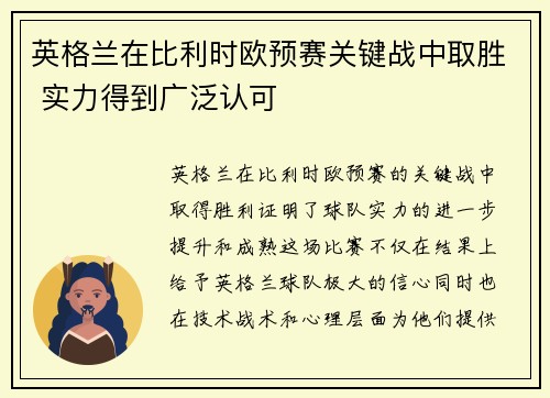 英格兰在比利时欧预赛关键战中取胜 实力得到广泛认可
