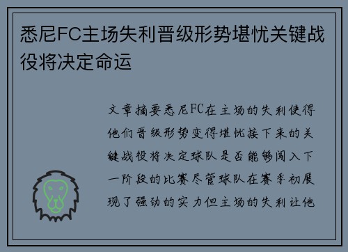 悉尼FC主场失利晋级形势堪忧关键战役将决定命运